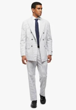 Seersucker Double-Breasted - Halflange Jas - Grey